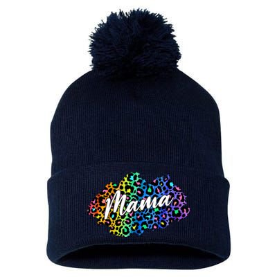 Mama Neon Leopard Print Cute Gift Pom Pom 12in Knit Beanie