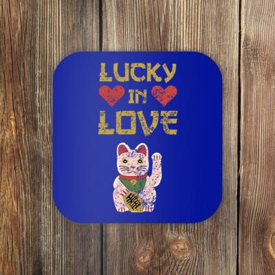 Maneki Neko Lucky In Love Cat Valentine Distressed Funny Gift Coaster