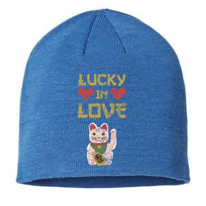 Maneki Neko Lucky In Love Cat Valentine Distressed Funny Gift Sustainable Beanie