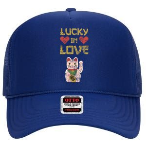 Maneki Neko Lucky In Love Cat Valentine Distressed Funny Gift High Crown Mesh Back Trucker Hat