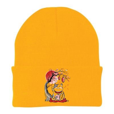 Maneki Neko Lucky Cat Waving Arm Red Moon Beckoning Cat Knit Cap Winter Beanie