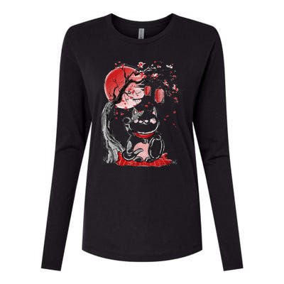 Maneki Neko Lucky Cat Waving Arm Red Moon Beckoning Cat Womens Cotton Relaxed Long Sleeve T-Shirt