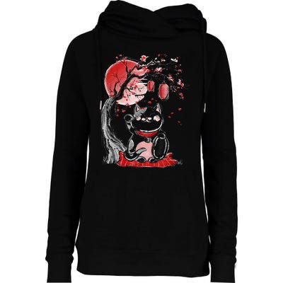 Maneki Neko Lucky Cat Waving Arm Red Moon Beckoning Cat Womens Funnel Neck Pullover Hood