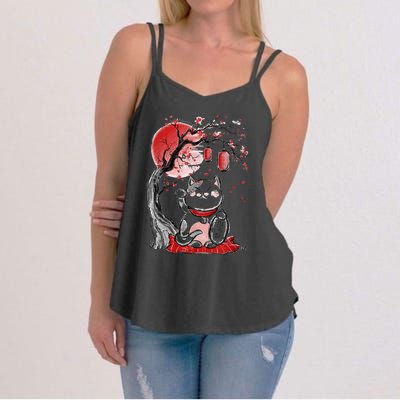 Maneki Neko Lucky Cat Waving Arm Red Moon Beckoning Cat Women's Strappy Tank