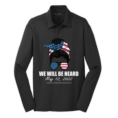 Million Nurse March We Will Be Heard Messy Bun USA Silk Touch Performance Long Sleeve Polo