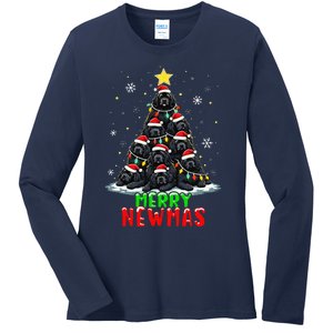 Merry Newmas Newfoundland Christmas Tree Dog Lovers Holiday Ladies Long Sleeve Shirt