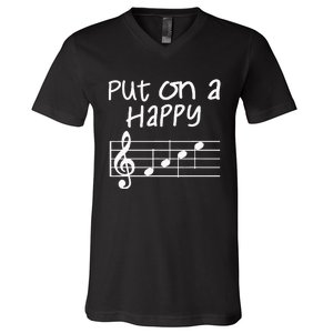 Musical Notes Put On A Happy Face Cute Music Loving V-Neck T-Shirt