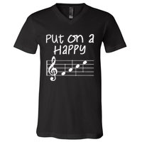 Musical Notes Put On A Happy Face Cute Music Loving V-Neck T-Shirt