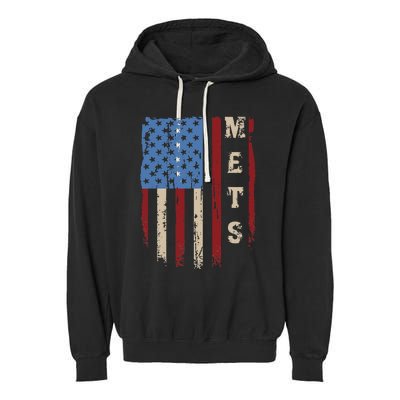 Mets Name Retro Vintage First Name Mets Lover Usa Flag Garment-Dyed Fleece Hoodie