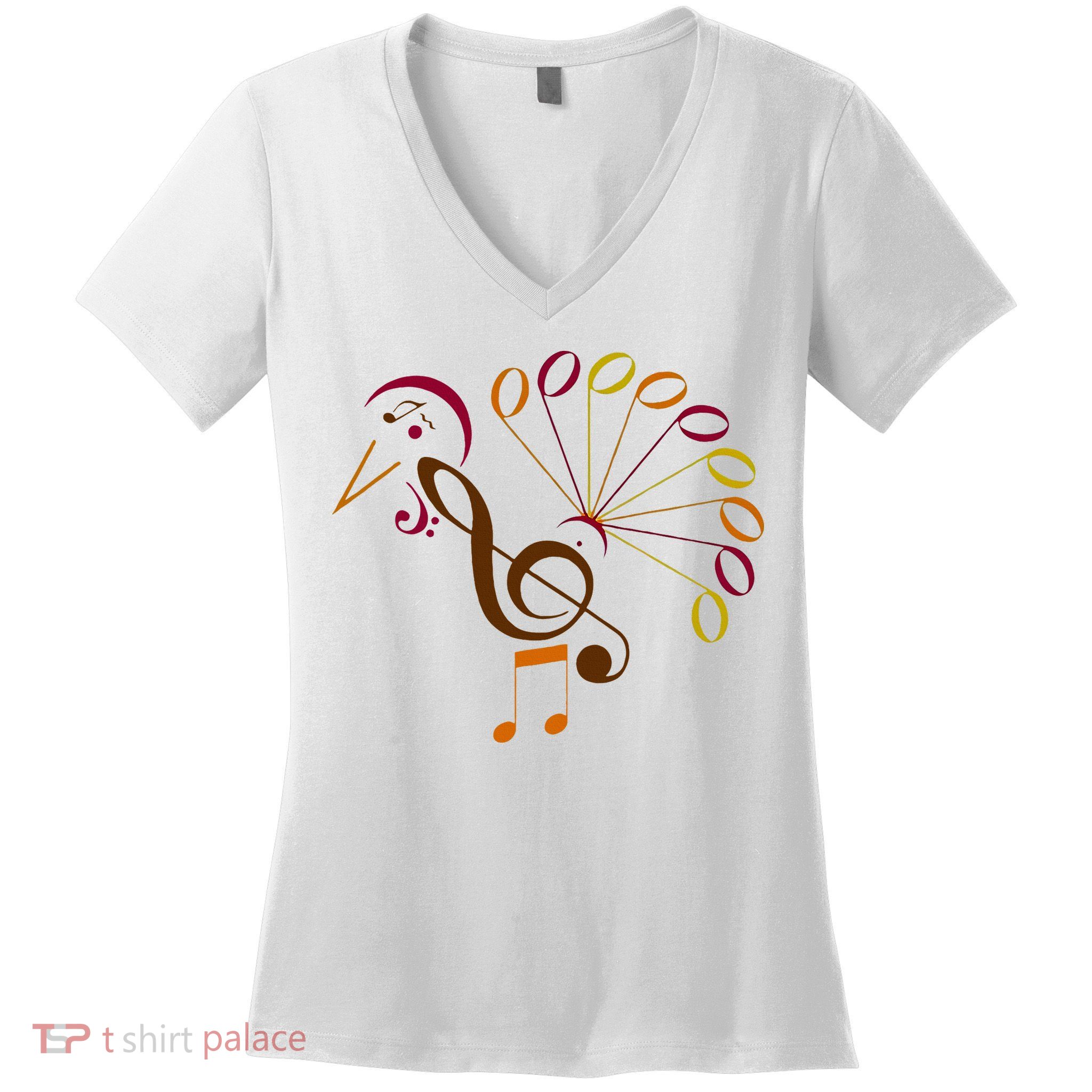 Music Note Symbol Turkey Music Teacher Thanksgiving Musician Women's V-Neck T-Shirt
