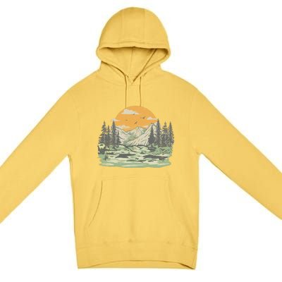 Mountain Nature Sunset Vintage Premium Pullover Hoodie