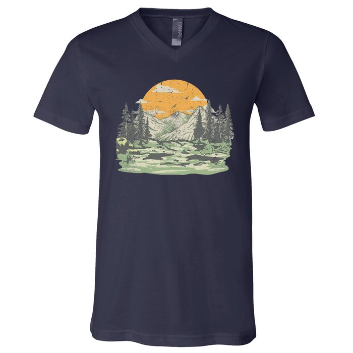 Mountain Nature Sunset Vintage V-Neck T-Shirt