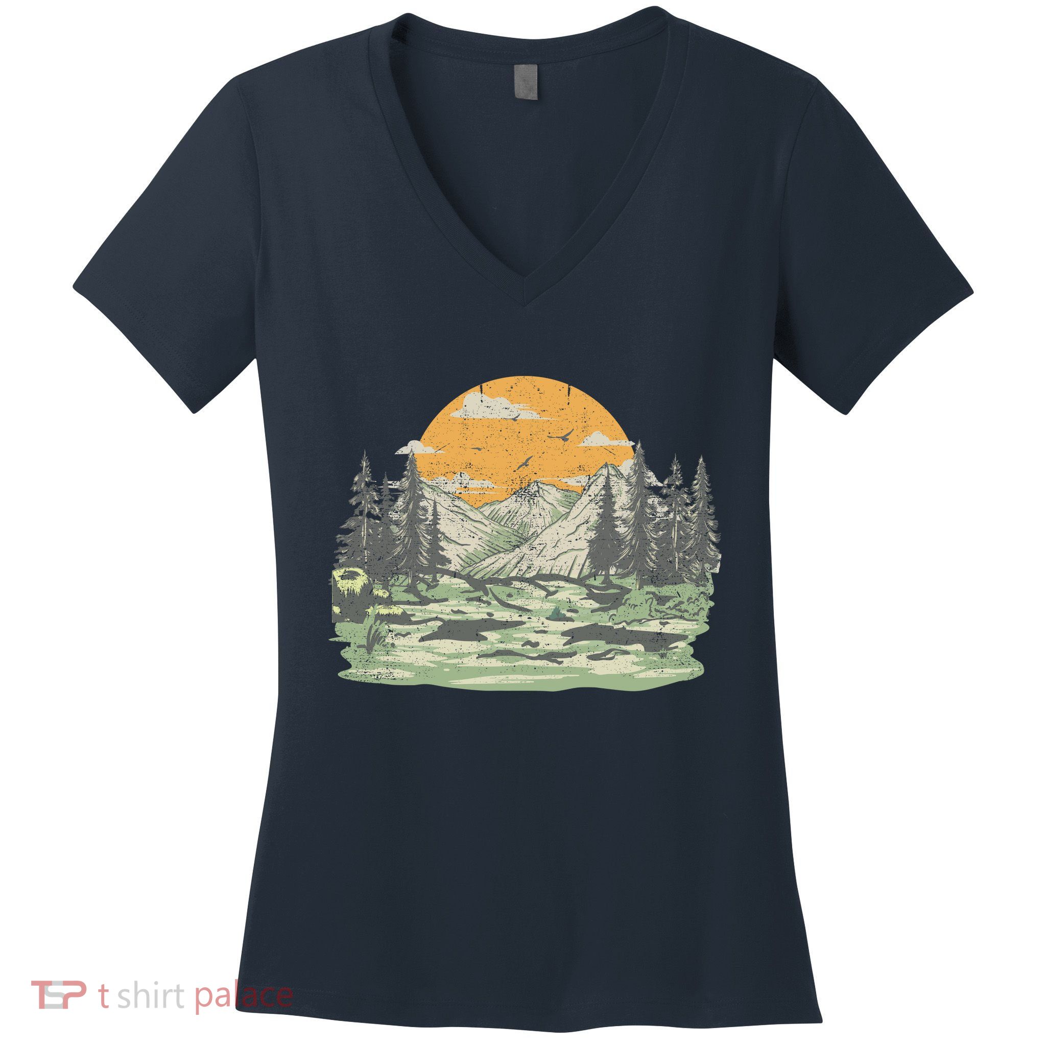 Mountain Nature Sunset Vintage Women's V-Neck T-Shirt