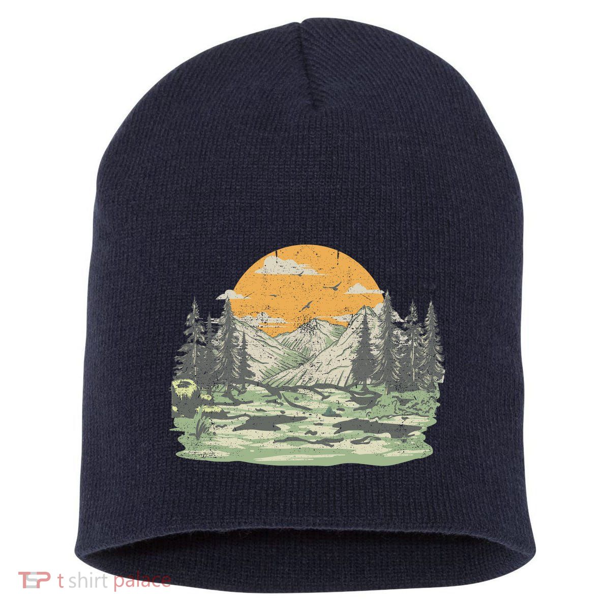 Mountain Nature Sunset Vintage Short Acrylic Beanie