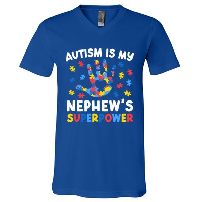 My NephewS Superpower Proud Autism Tia Autism Awareness Gift V-Neck T-Shirt