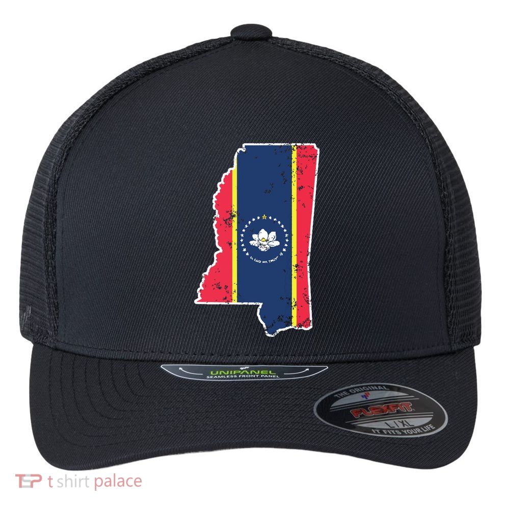 Mississippi New State Flag Weathered Design Southerner Flexfit Unipanel Trucker Cap