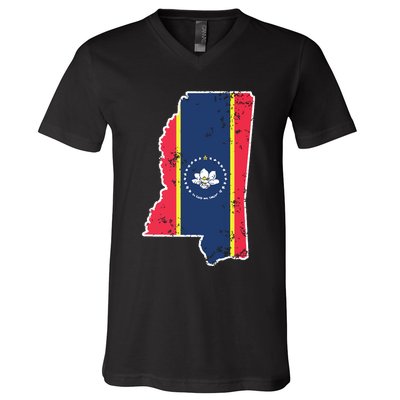Mississippi New State Flag Weathered Design Southerner V-Neck T-Shirt