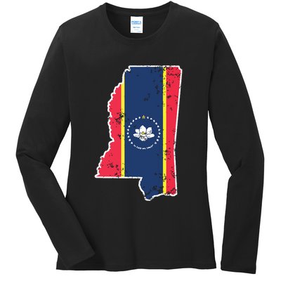 Mississippi New State Flag Weathered Design Southerner Ladies Long Sleeve Shirt