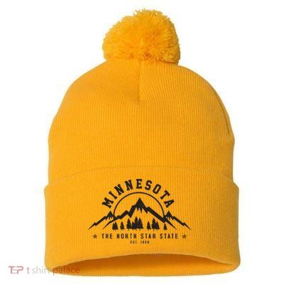 Minnesota North Star State Est 1858 Vintage Mountains Gift Pom Pom 12in Knit Beanie