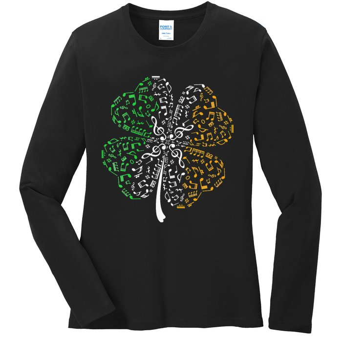 Music Note Shamrock -Music Lover St Patrick's Day Irish Flag Ladies Long Sleeve Shirt