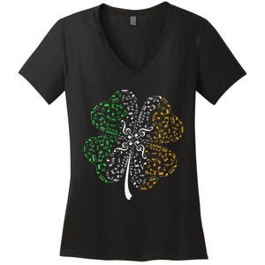 Music Note Shamrock -Music Lover St Patrick's Day Irish Flag Women's V-Neck T-Shirt