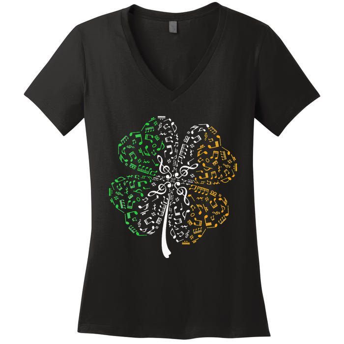 Music Note Shamrock Music Lover St Patrick's Day Women's V-Neck T-Shirt