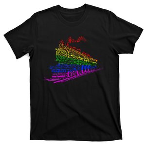 Music Notes & Steam Train Gift Lgbt Rainbow Flag G.A.Y Pride T-Shirt