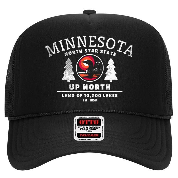 Minnesota North Star State Up North With Loon High Crown Mesh Back Trucker Hat