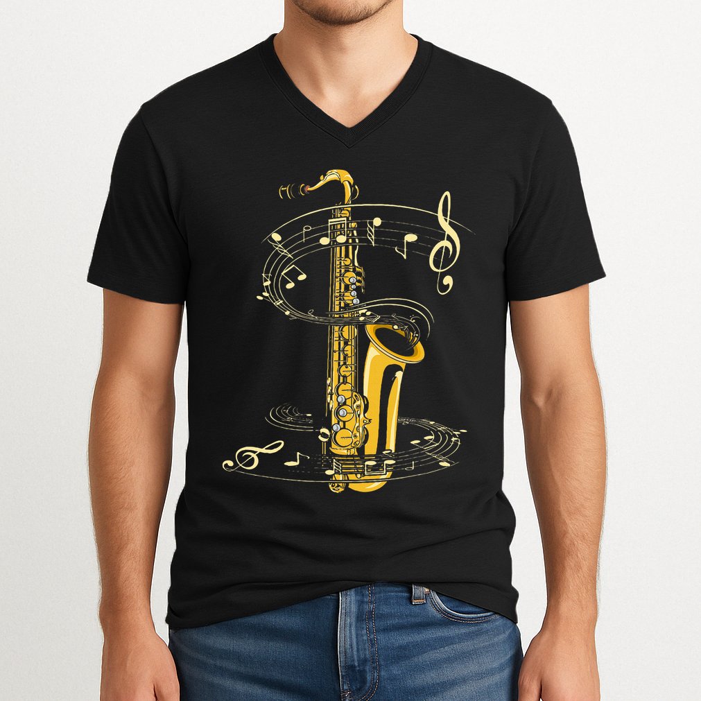 Music Notes Treble Clef Saxophonist Jazz Musician Saxophone V-Neck T-Shirt