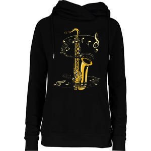 Music Notes Treble Clef Saxophonist Jazz Musician Saxophone Womens Funnel Neck Pullover Hood