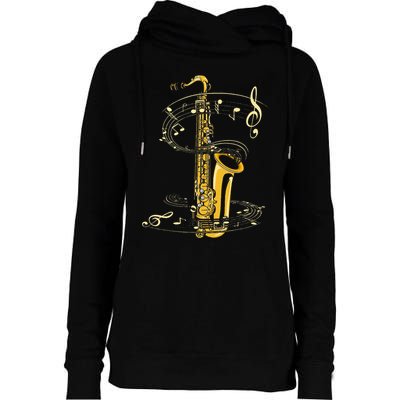 Music Notes Treble Clef Saxophonist Jazz Musician Saxophone Womens Funnel Neck Pullover Hood