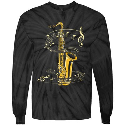 Music Notes Treble Clef Saxophonist Jazz Musician Saxophone Tie-Dye Long Sleeve Shirt