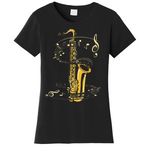 Music Notes Treble Clef Saxophonist Jazz Musician Saxophone Women's T-Shirt