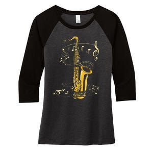 Music Notes Treble Clef Saxophonist Jazz Musician Saxophone Women's Tri-Blend 3/4-Sleeve Raglan Shirt