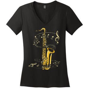 Music Notes Treble Clef Saxophonist Jazz Musician Saxophone Women's V-Neck T-Shirt