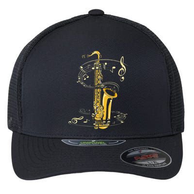 Music Notes Treble Clef Saxophonist Jazz Musician Saxophone Flexfit Unipanel Trucker Cap