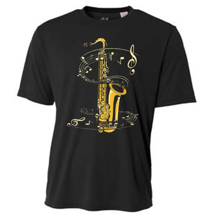 Music Notes Treble Clef Saxophonist Jazz Musician Saxophone Cooling Performance Crew T-Shirt