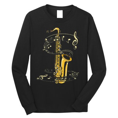 Music Notes Treble Clef Saxophonist Jazz Musician Saxophone Long Sleeve Shirt