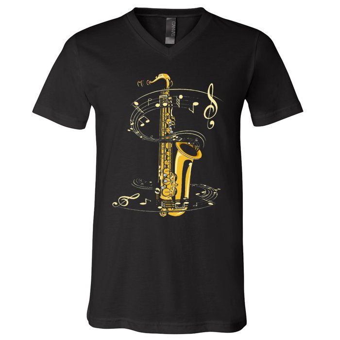 Music Notes Treble Clef Saxophonist Jazz Musician Saxophone V-Neck T-Shirt