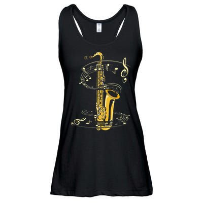 Music Notes Treble Clef Saxophonist Jazz Musician Saxophone Ladies Essential Flowy Tank