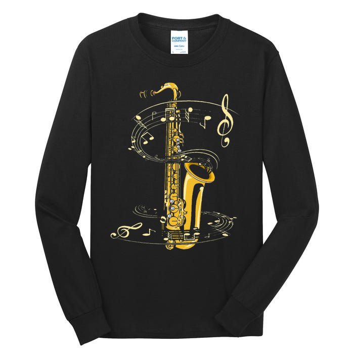 Music Notes Treble Clef Saxophonist Jazz Musician Saxophone Tall Long Sleeve T-Shirt