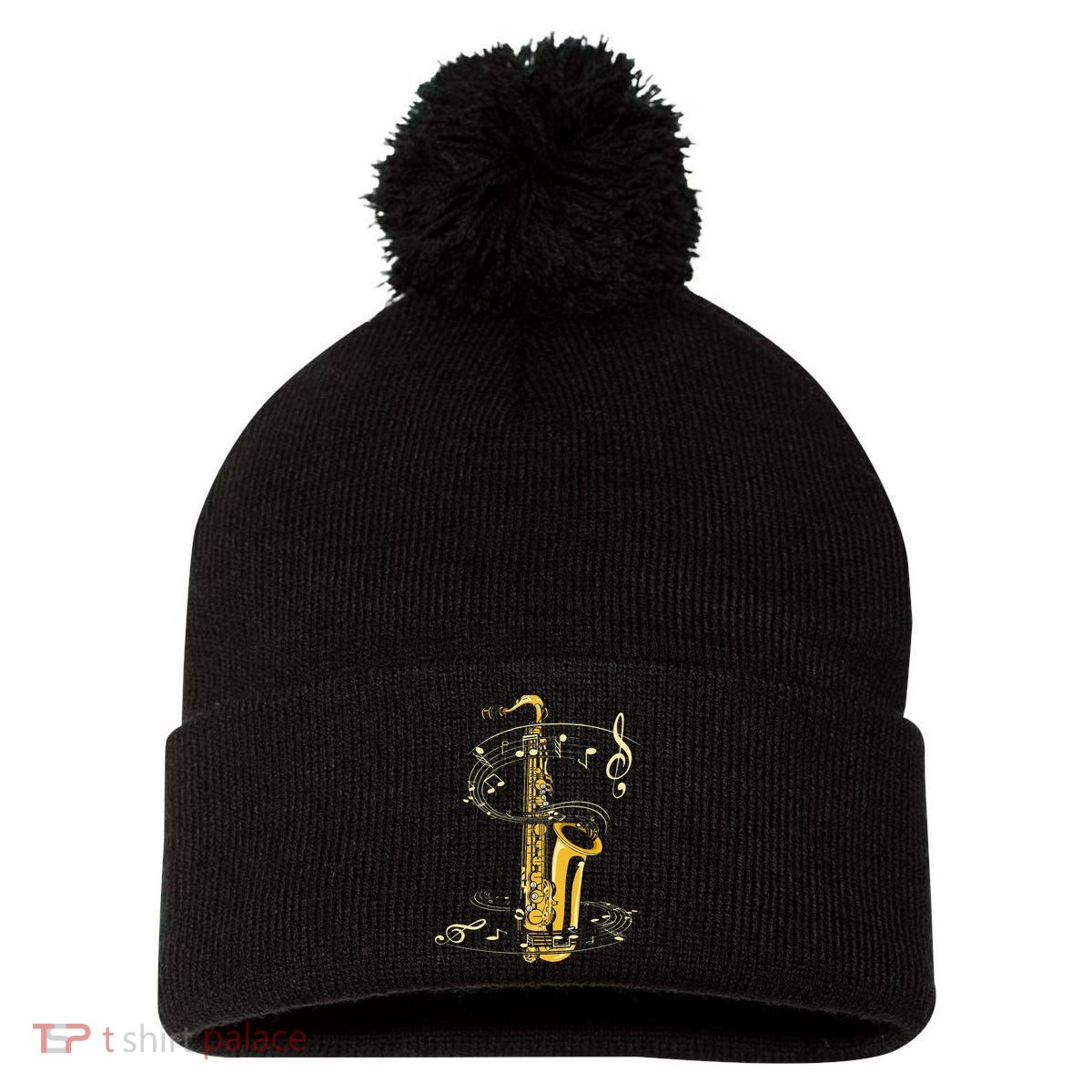 Music Notes Treble Clef Saxophonist Jazz Musician Saxophone Pom Pom 12in Knit Beanie