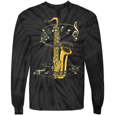 Music Notes Treble Clef Saxophonist Jazz Musician Saxophone Tie-Dye Long Sleeve Shirt