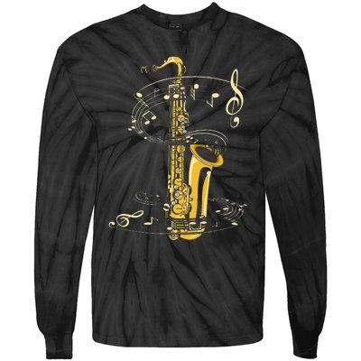 Music Notes Treble Clef Saxophonist Jazz Musician Saxophone Tie-Dye Long Sleeve Shirt