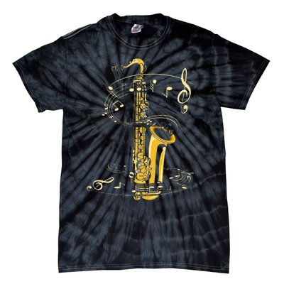 Music Notes Treble Clef Saxophonist Jazz Musician Saxophone Tie-Dye T-Shirt