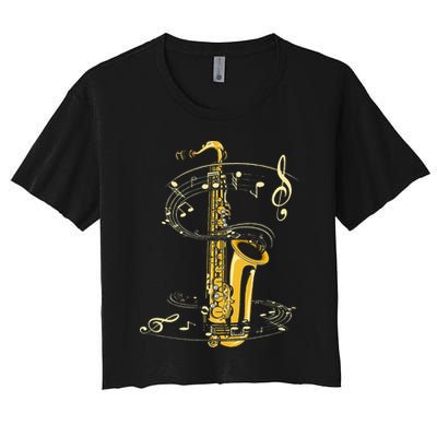 Music Notes Treble Clef Saxophonist Jazz Musician Saxophone Crop Top