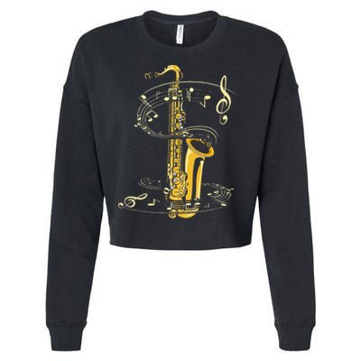 Music Notes Treble Clef Saxophonist Jazz Musician Saxophone Cropped Pullover Crew