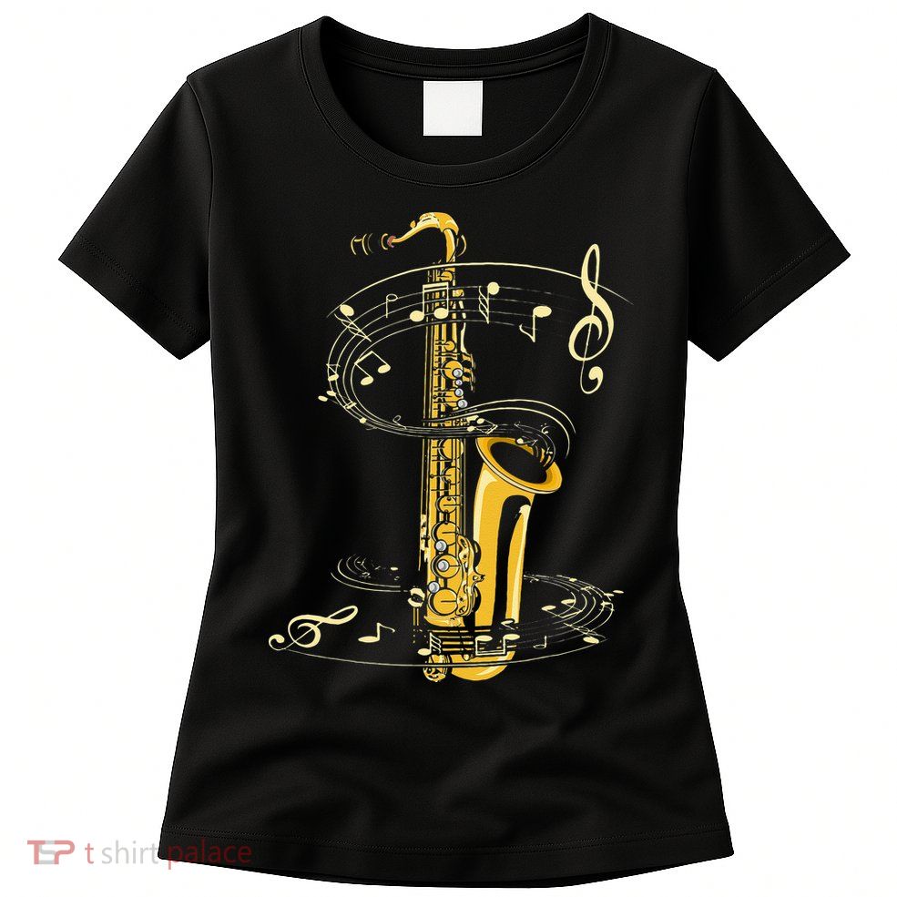 Music Notes Treble Clef Saxophonist Jazz Musician Saxophone Womens T-Shirt
