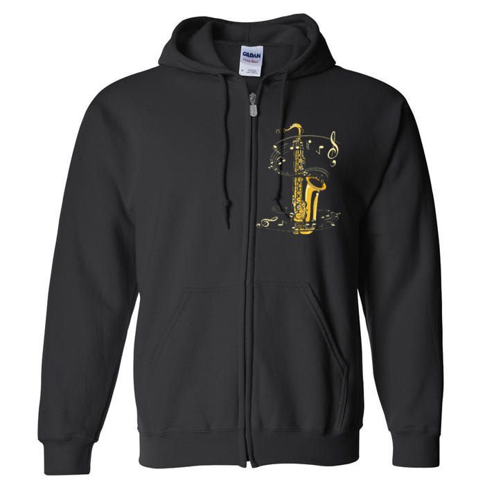 Music Notes Treble Clef Saxophonist Jazz Musician Saxophone Full Zip Hoodie