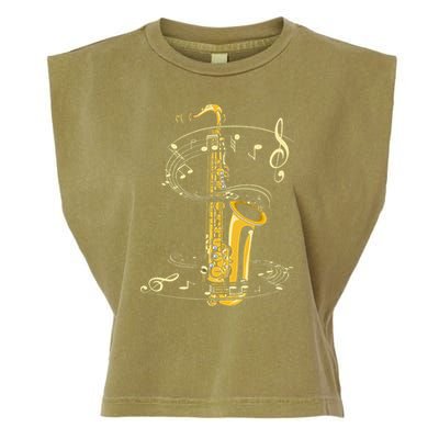 Music Notes Treble Clef Saxophonist Jazz Musician Saxophone Garment-Dyed Women's Muscle Tee